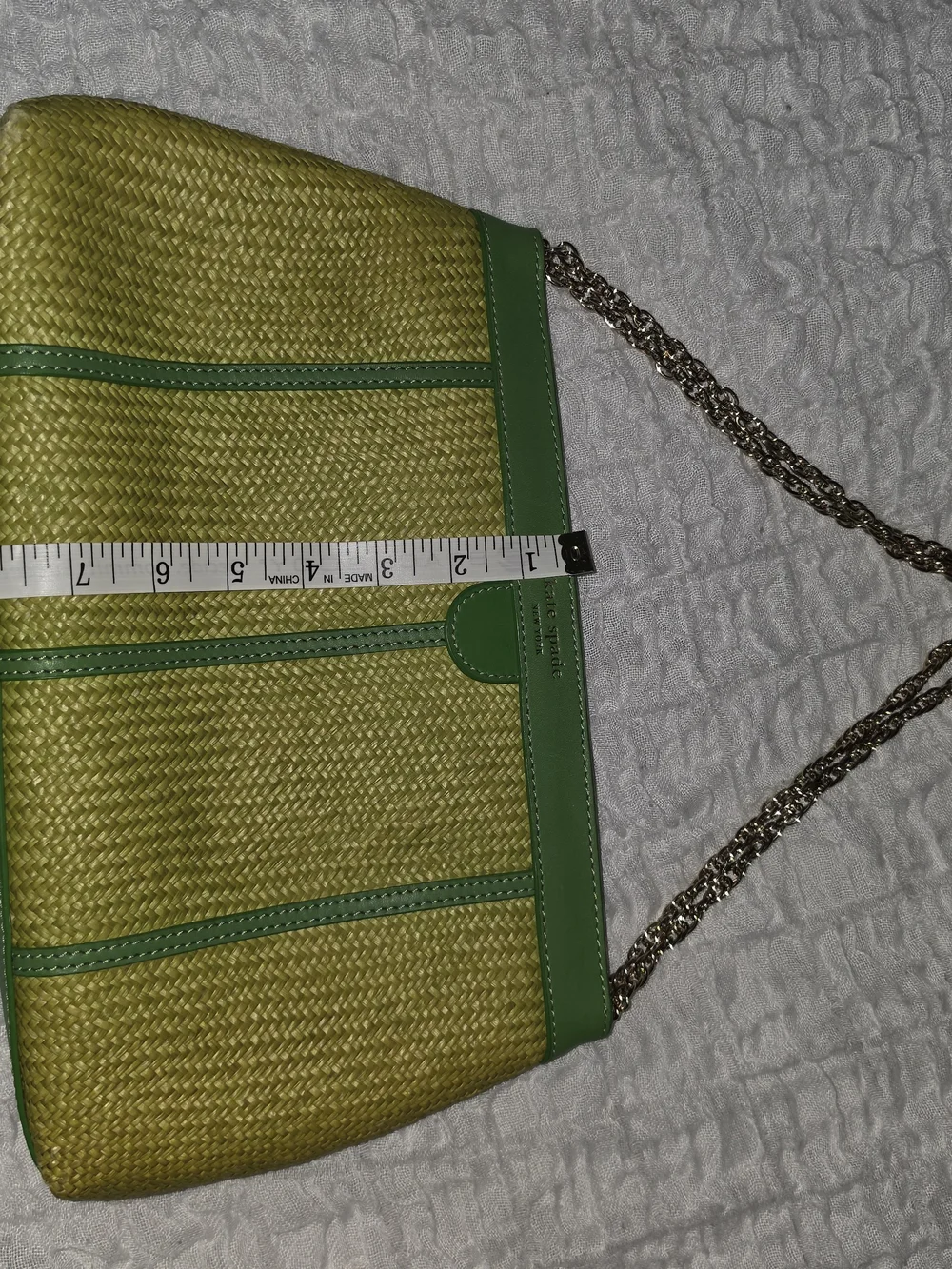 Kate Spade New York Woven Straw Shoulder Bag with Green Leather Trim